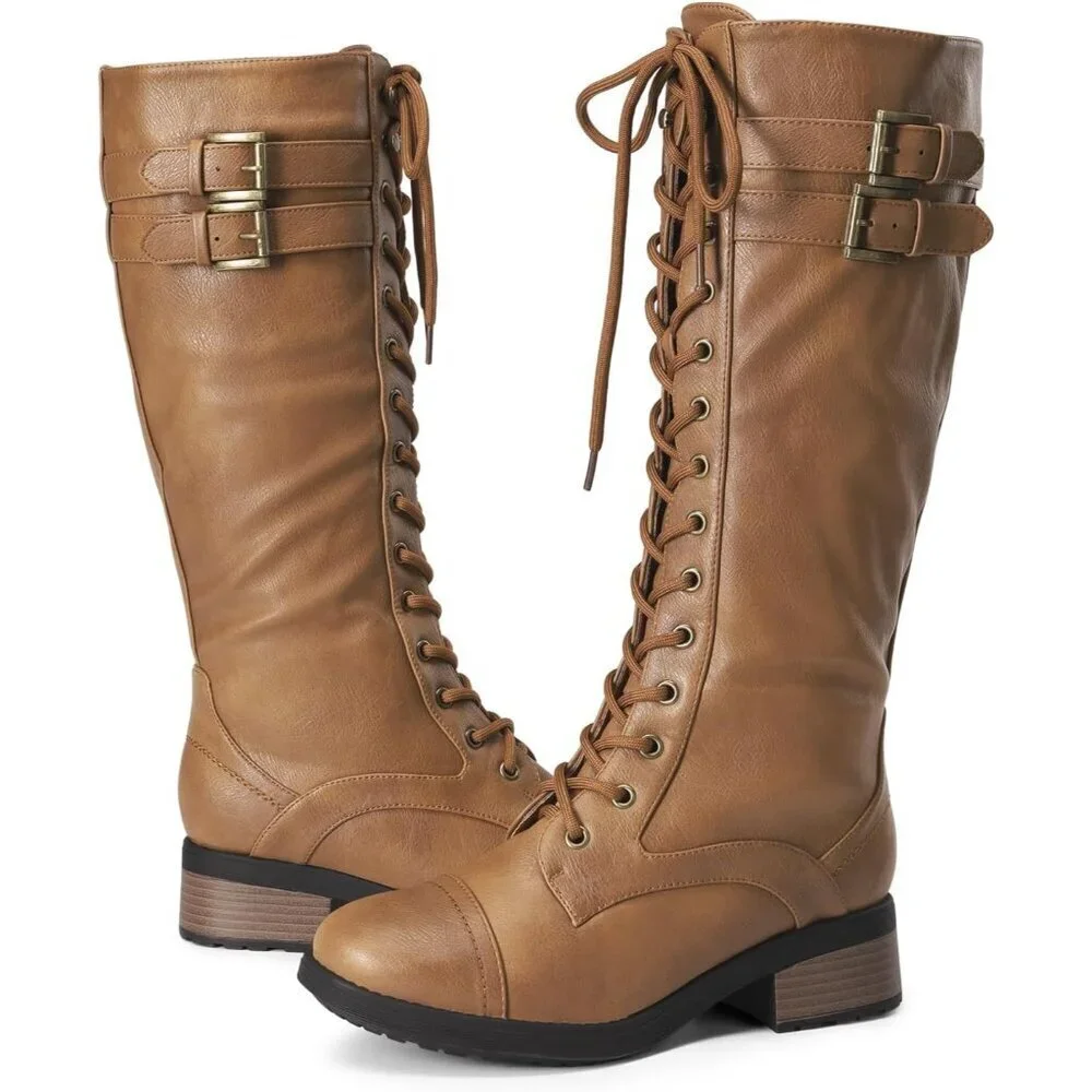 Women's Polyurethane Pu Georgia Camel Double buckle Knee High Riding Combat Boot